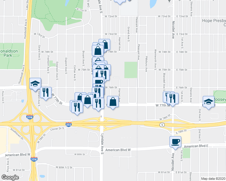map of restaurants, bars, coffee shops, grocery stores, and more near 7614 Harriet Avenue in Minneapolis