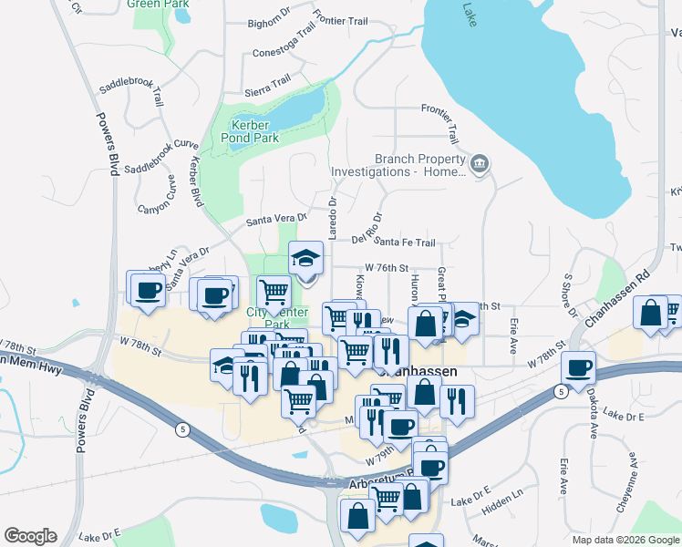 map of restaurants, bars, coffee shops, grocery stores, and more near 7604 Kiowa Avenue in Chanhassen
