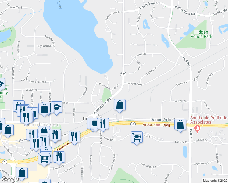 map of restaurants, bars, coffee shops, grocery stores, and more near 51 Hill Street in Chanhassen