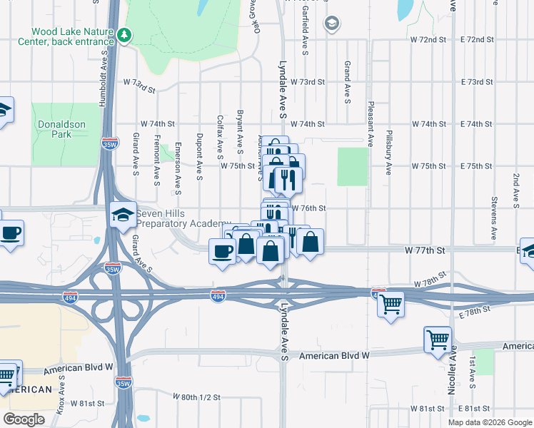 map of restaurants, bars, coffee shops, grocery stores, and more near 7601 Aldrich Avenue South in Minneapolis