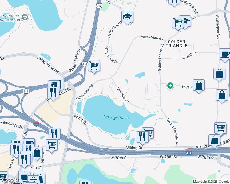 map of restaurants, bars, coffee shops, grocery stores, and more near 7610 Smetana Lane in Eden Prairie