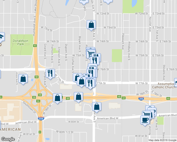 map of restaurants, bars, coffee shops, grocery stores, and more near 7619 Aldrich Avenue South in Minneapolis