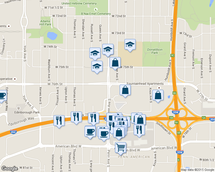 map of restaurants, bars, coffee shops, grocery stores, and more near 7600 Penn Avenue South in Minneapolis