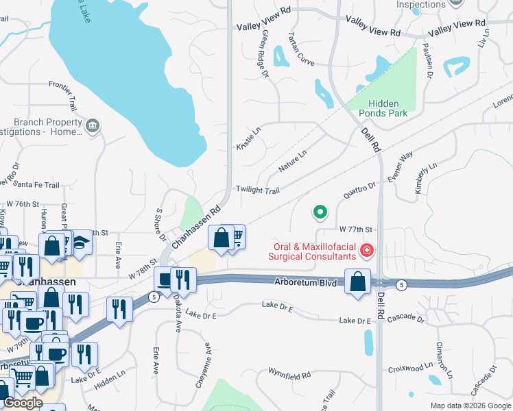 map of restaurants, bars, coffee shops, grocery stores, and more near 19139 Twilight Trail in Eden Prairie