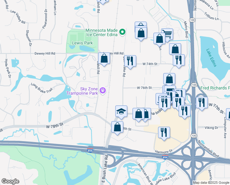 map of restaurants, bars, coffee shops, grocery stores, and more near 7630 Bush Lake Road in Minneapolis