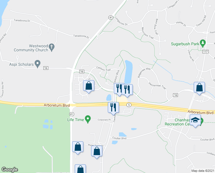 map of restaurants, bars, coffee shops, grocery stores, and more near 2775 Century Circle in Chanhassen