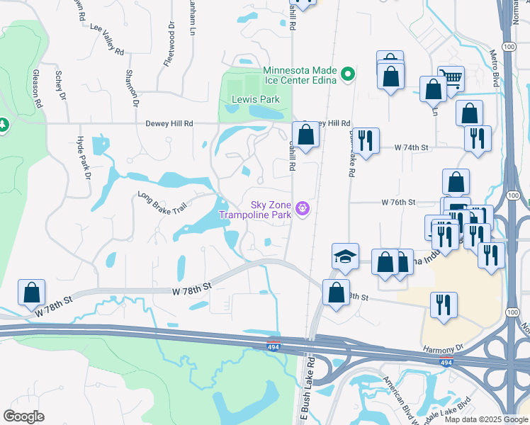 map of restaurants, bars, coffee shops, grocery stores, and more near 7510 Cahill Road in Minneapolis