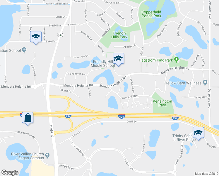 map of restaurants, bars, coffee shops, grocery stores, and more near 2511 Concord Way in Mendota Heights