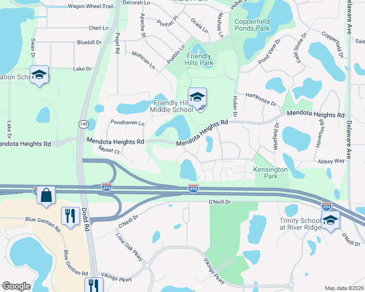 map of restaurants, bars, coffee shops, grocery stores, and more near 2593 Heritage Drive in Mendota Heights