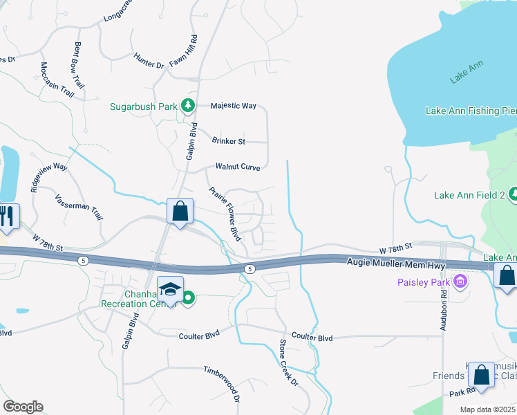 map of restaurants, bars, coffee shops, grocery stores, and more near 7662 Bluebonnet Boulevard in Chanhassen