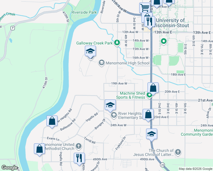 map of restaurants, bars, coffee shops, grocery stores, and more near 615 20th Avenue West in Menomonie