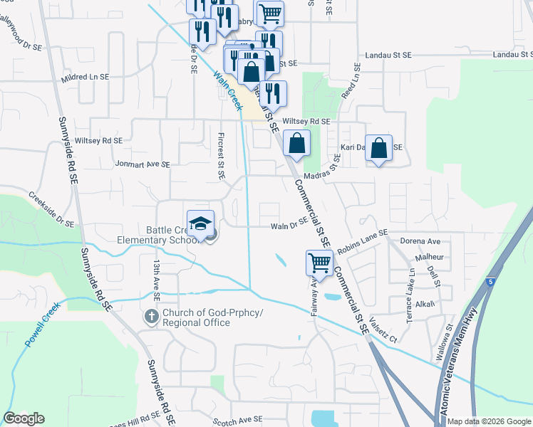 map of restaurants, bars, coffee shops, grocery stores, and more near 1640 Waln Drive Southeast in Salem