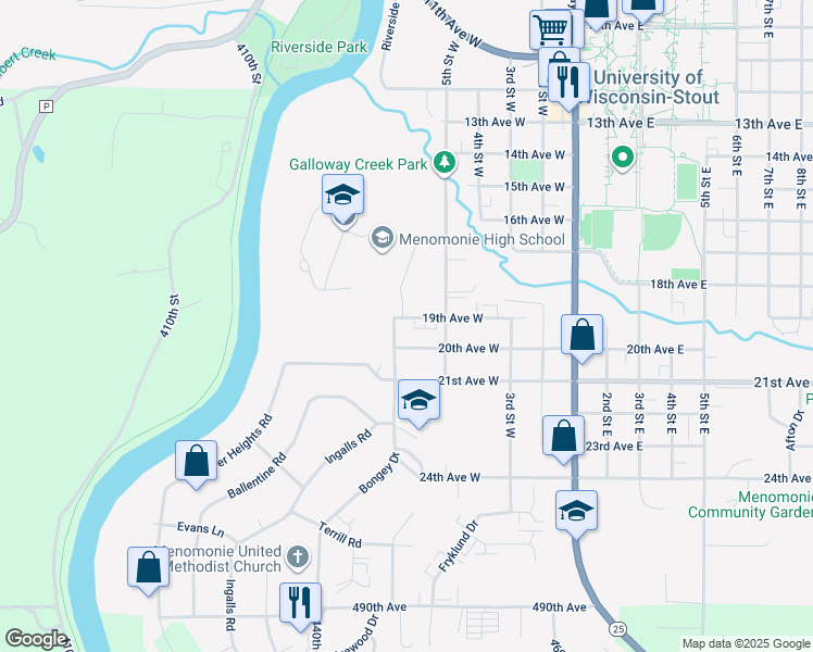 map of restaurants, bars, coffee shops, grocery stores, and more near 615 20th Avenue West in Menomonie