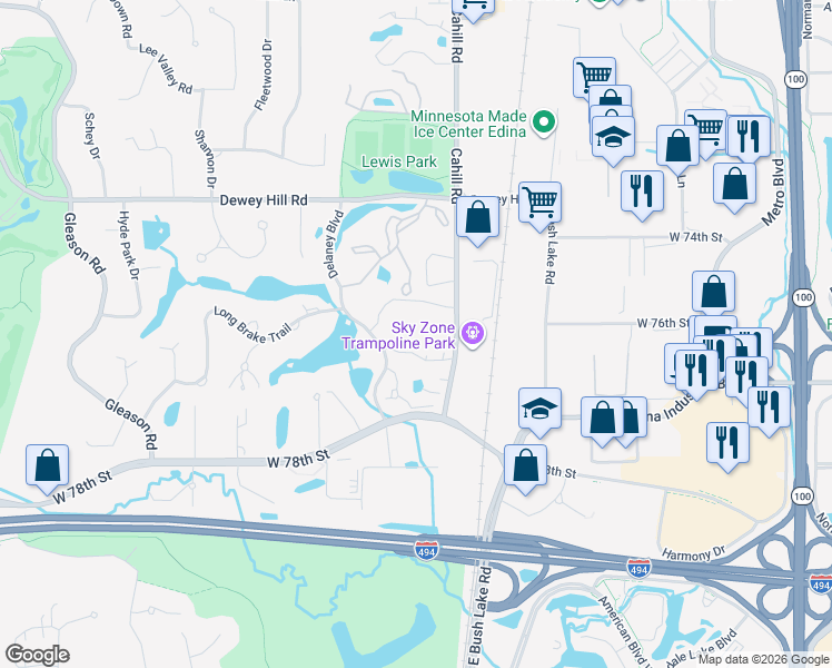map of restaurants, bars, coffee shops, grocery stores, and more near 7510 Cahill Road in Minneapolis