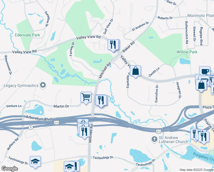 map of restaurants, bars, coffee shops, grocery stores, and more near 7575 Mitchell Road in Eden Prairie