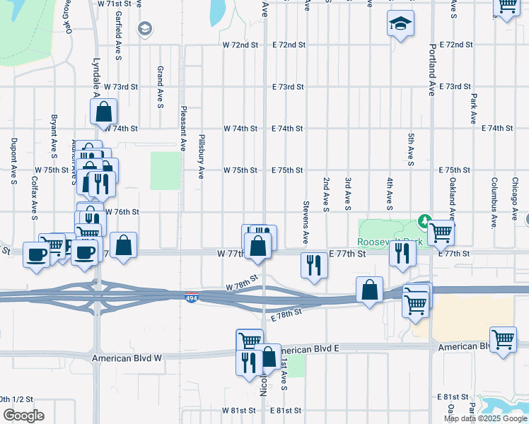 map of restaurants, bars, coffee shops, grocery stores, and more near 1 West 76th Street in Richfield