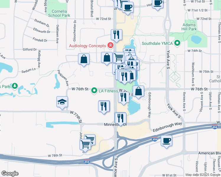 map of restaurants, bars, coffee shops, grocery stores, and more near 4043 West 76th Street in Edina