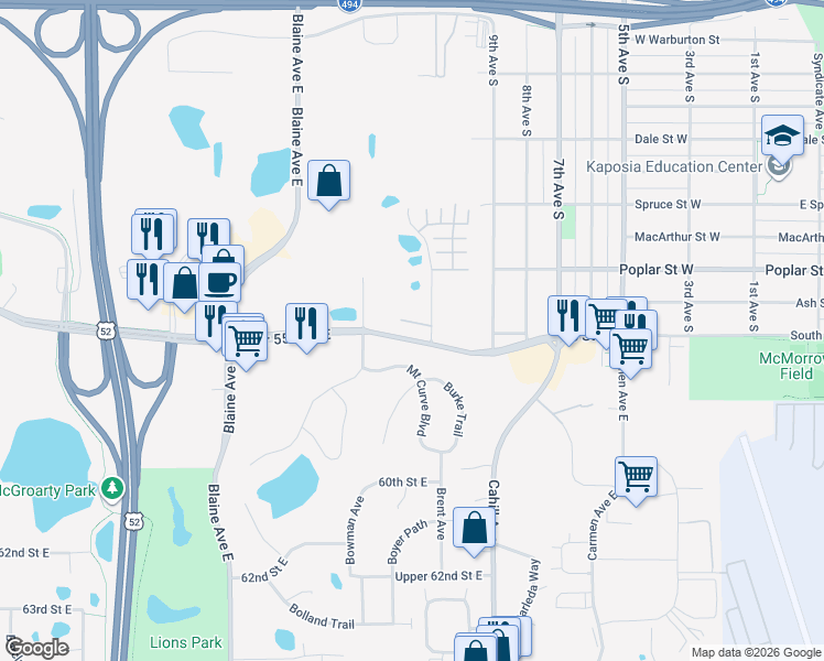 map of restaurants, bars, coffee shops, grocery stores, and more near 5820 Bryant Lane in Inver Grove Heights