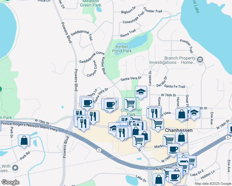 map of restaurants, bars, coffee shops, grocery stores, and more near 740 West Village Road in Chanhassen