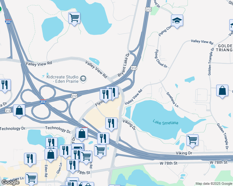 map of restaurants, bars, coffee shops, grocery stores, and more near 7704 Flying Cloud Drive in Eden Prairie