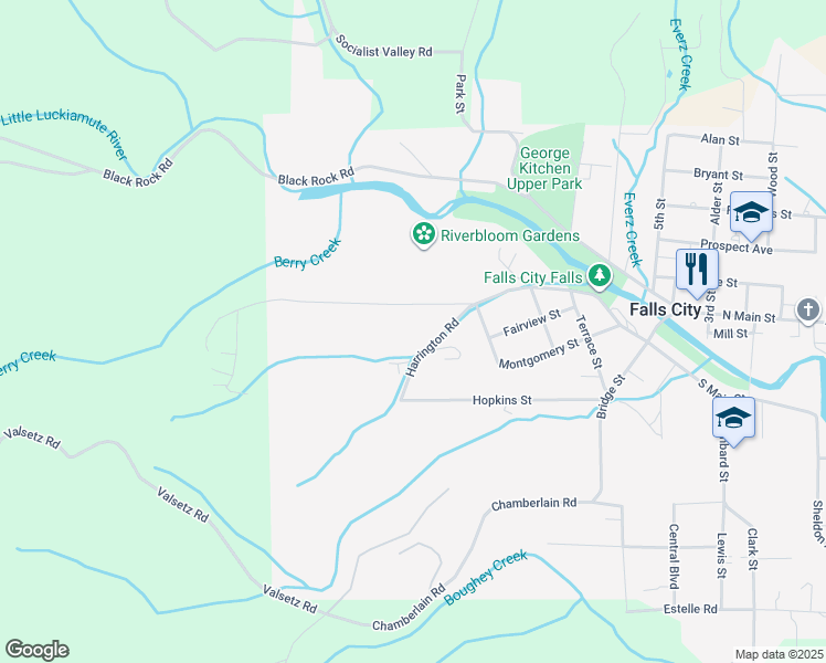 map of restaurants, bars, coffee shops, grocery stores, and more near 660 Harrington Road in Falls City