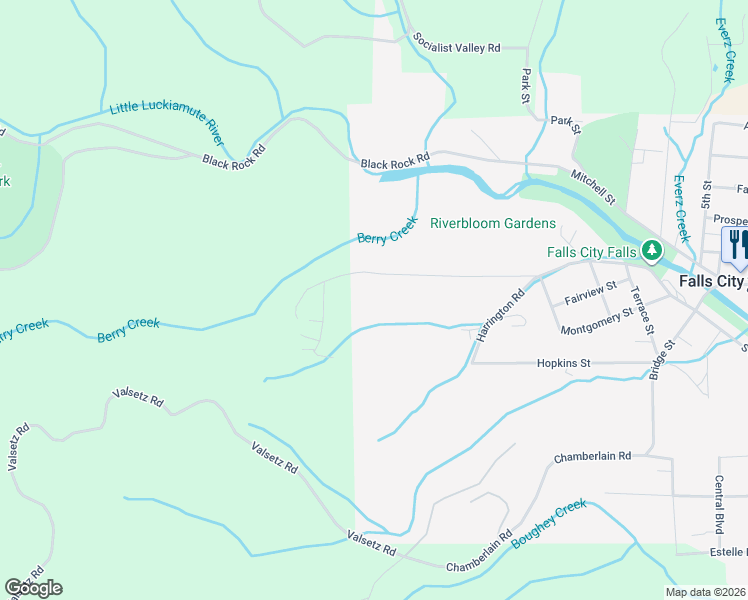 map of restaurants, bars, coffee shops, grocery stores, and more near 929 Parry Road in Falls City