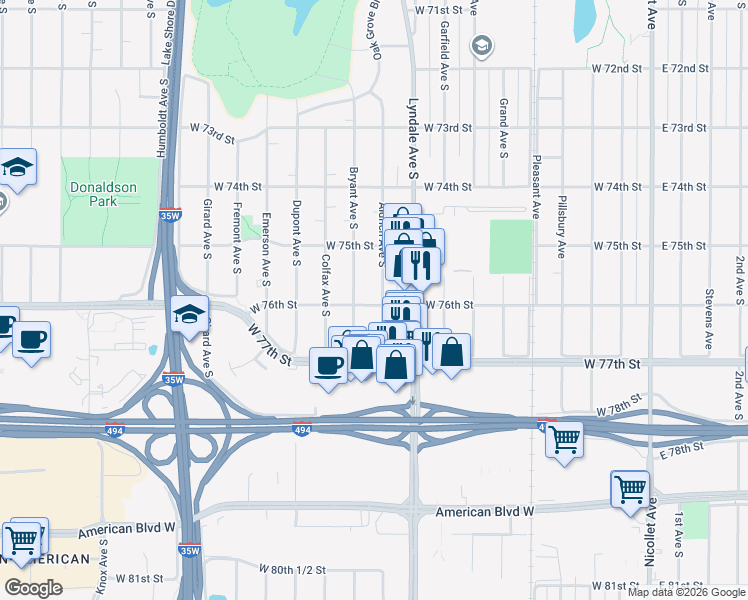 map of restaurants, bars, coffee shops, grocery stores, and more near 7619 Aldrich Avenue South in Minneapolis