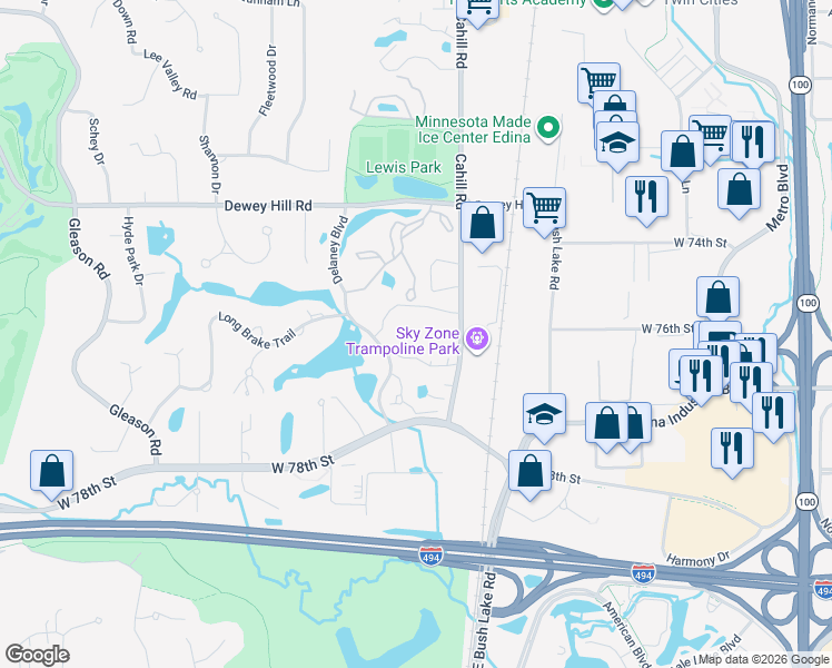 map of restaurants, bars, coffee shops, grocery stores, and more near 7510 Cahill Road in Edina
