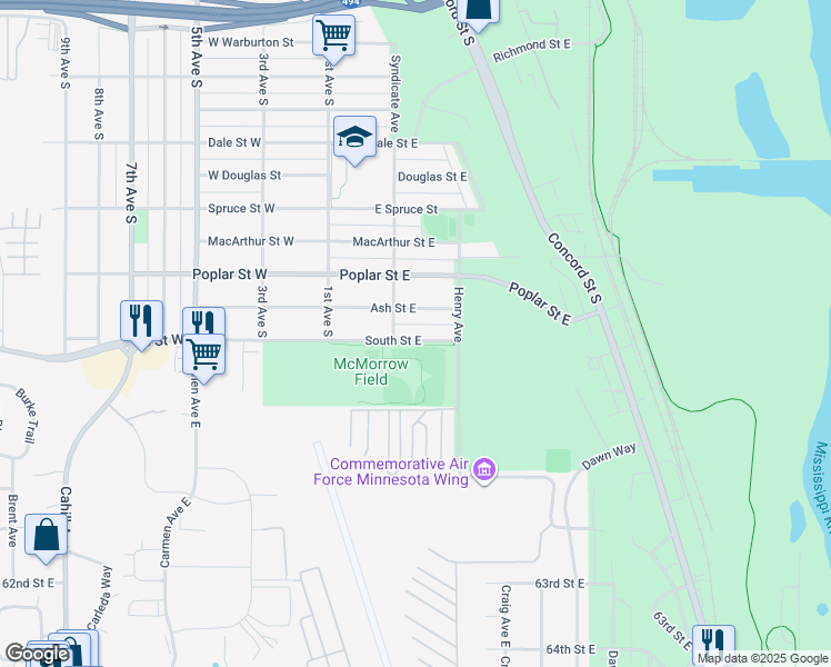 map of restaurants, bars, coffee shops, grocery stores, and more near 219 South Street East in South Saint Paul
