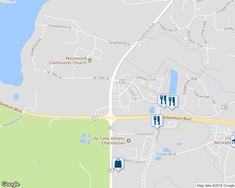 map of restaurants, bars, coffee shops, grocery stores, and more near 2940 Village Circle in Chanhassen