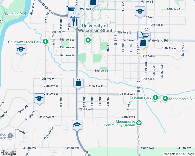 map of restaurants, bars, coffee shops, grocery stores, and more near 321 20th Avenue West in Menomonie
