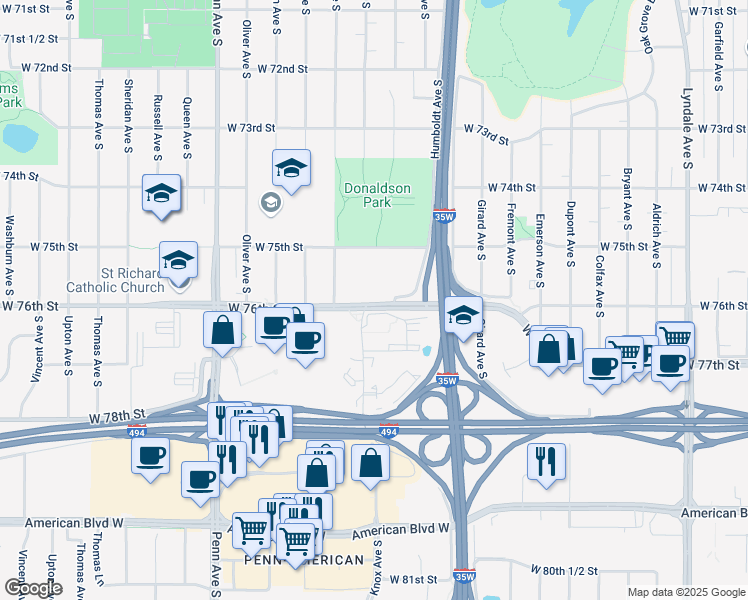 map of restaurants, bars, coffee shops, grocery stores, and more near 7601 Knox Avenue South in Minneapolis