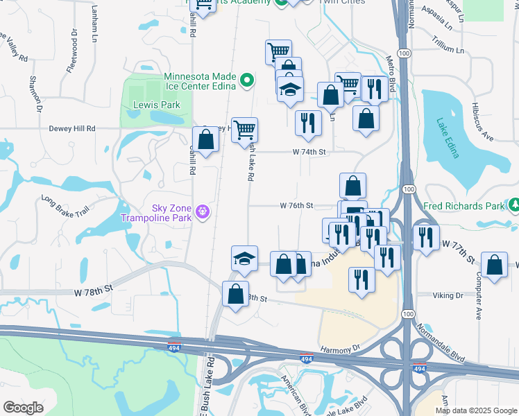 map of restaurants, bars, coffee shops, grocery stores, and more near 7625 Bush Lake Road in Minneapolis