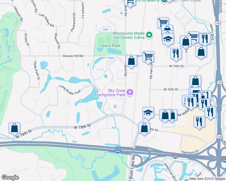 map of restaurants, bars, coffee shops, grocery stores, and more near 7510 Cahill Road in Minneapolis
