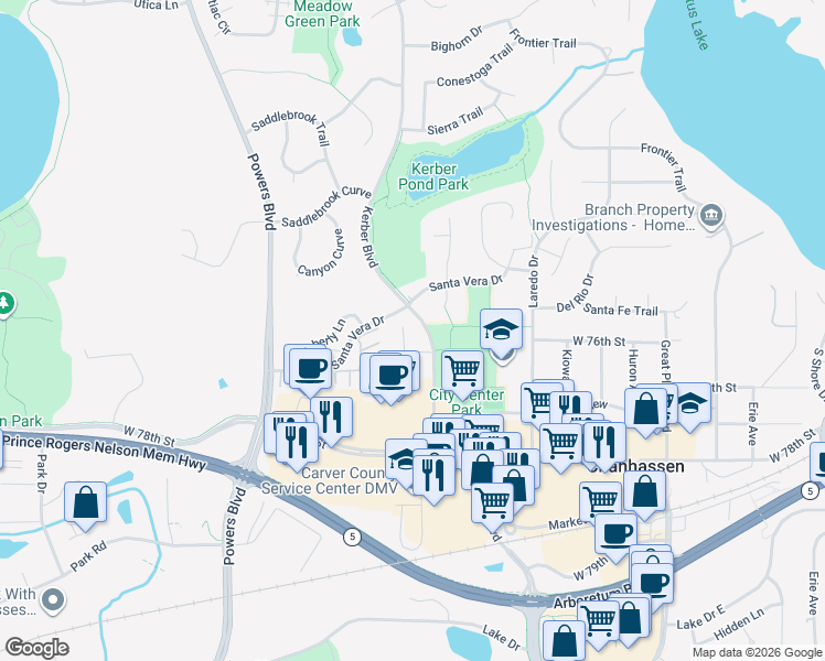 map of restaurants, bars, coffee shops, grocery stores, and more near 740 West Village Road in Chanhassen