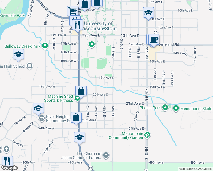 map of restaurants, bars, coffee shops, grocery stores, and more near 1822 4th Street East in Menomonie