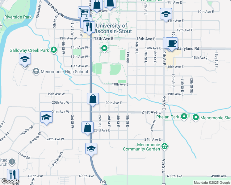 map of restaurants, bars, coffee shops, grocery stores, and more near 1819 4th Street East in Menomonie