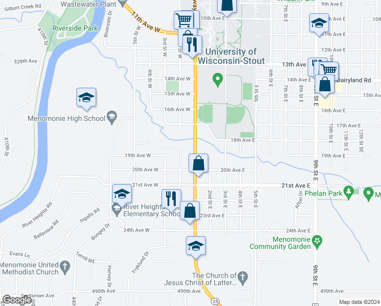 map of restaurants, bars, coffee shops, grocery stores, and more near 1821 Broadway Street South in Menomonie