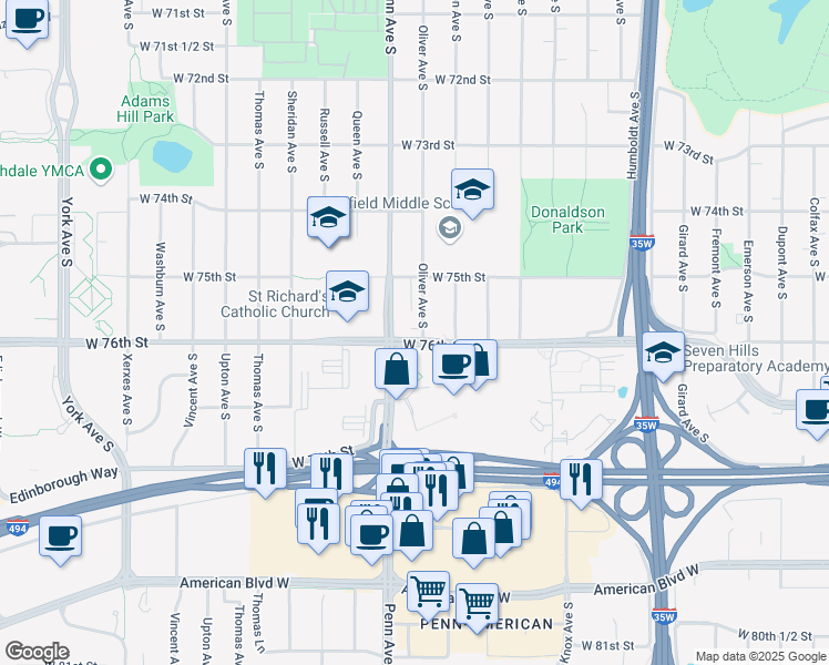 map of restaurants, bars, coffee shops, grocery stores, and more near 7520 Oliver Avenue South in Minneapolis