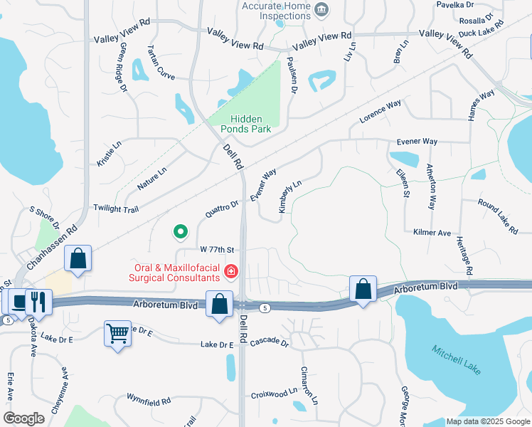 map of restaurants, bars, coffee shops, grocery stores, and more near 7642 Kimberly Lane in Eden Prairie