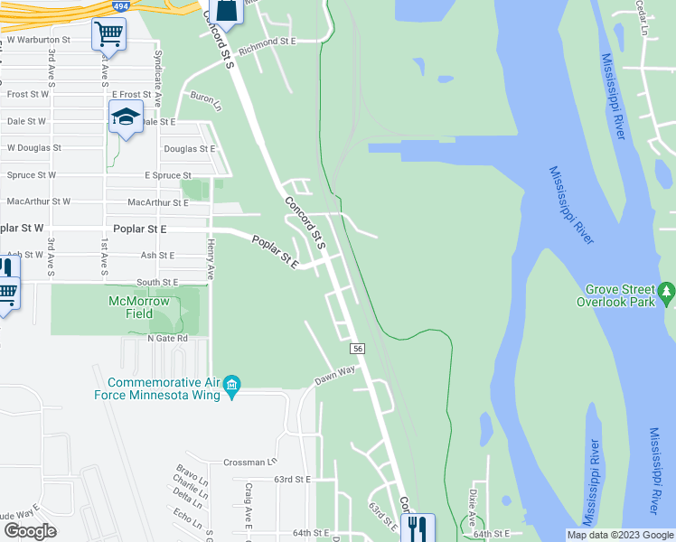 map of restaurants, bars, coffee shops, grocery stores, and more near 1615 Concord Street South in South Saint Paul