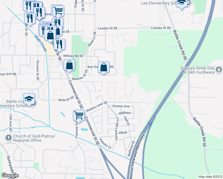 map of restaurants, bars, coffee shops, grocery stores, and more near 2155 Robins Lane Southeast in Salem