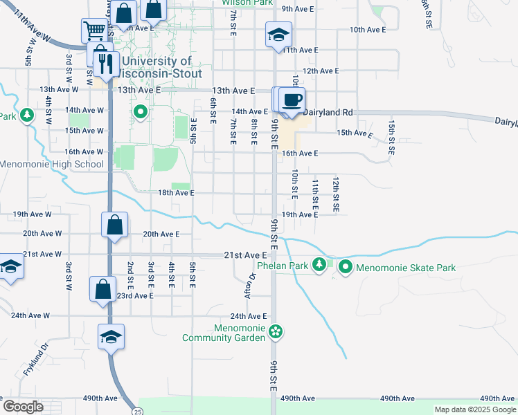 map of restaurants, bars, coffee shops, grocery stores, and more near 814 18th Avenue East in Menomonie