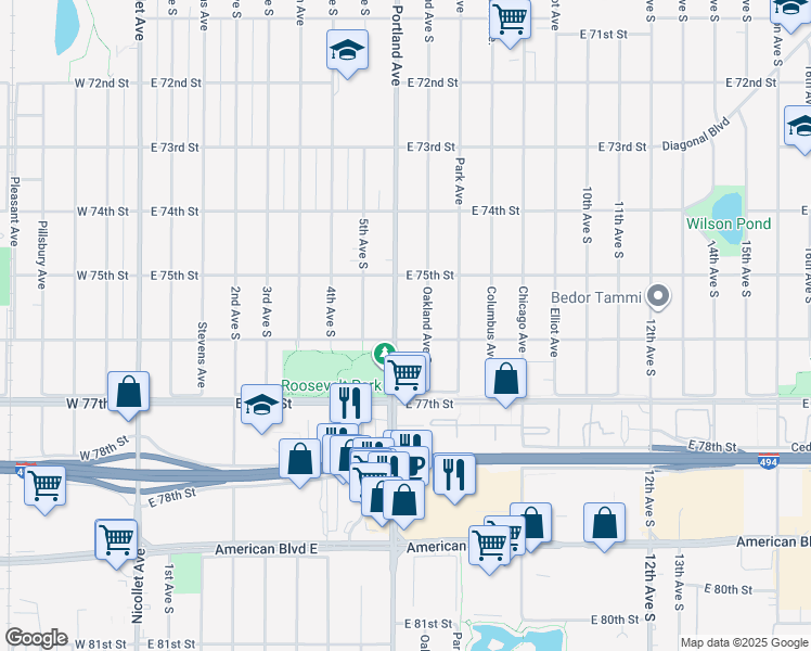 map of restaurants, bars, coffee shops, grocery stores, and more near 7520 Oakland Avenue South in Minneapolis