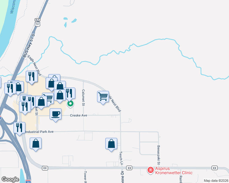 map of restaurants, bars, coffee shops, grocery stores, and more near 307 Eagle Nest Boulevard in Mosinee