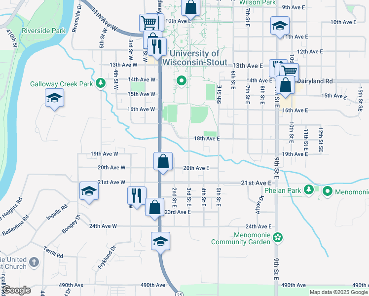 map of restaurants, bars, coffee shops, grocery stores, and more near 1803 3rd Street East in Menomonie