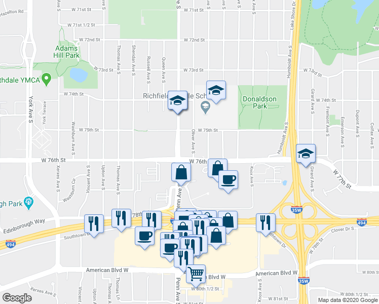 map of restaurants, bars, coffee shops, grocery stores, and more near 7520 Oliver Avenue South in Minneapolis