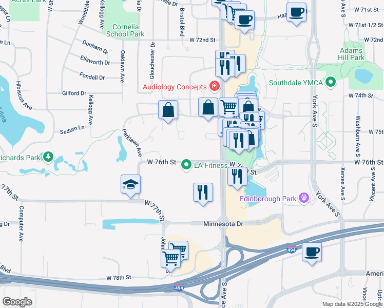 map of restaurants, bars, coffee shops, grocery stores, and more near 4100 West 76th Street in Minneapolis