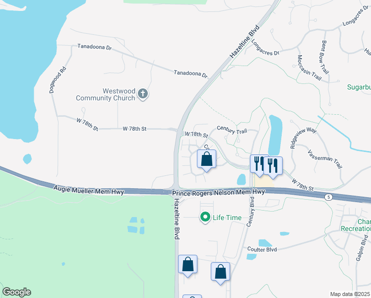 map of restaurants, bars, coffee shops, grocery stores, and more near 7650 Arboretum Village Place in Chanhassen