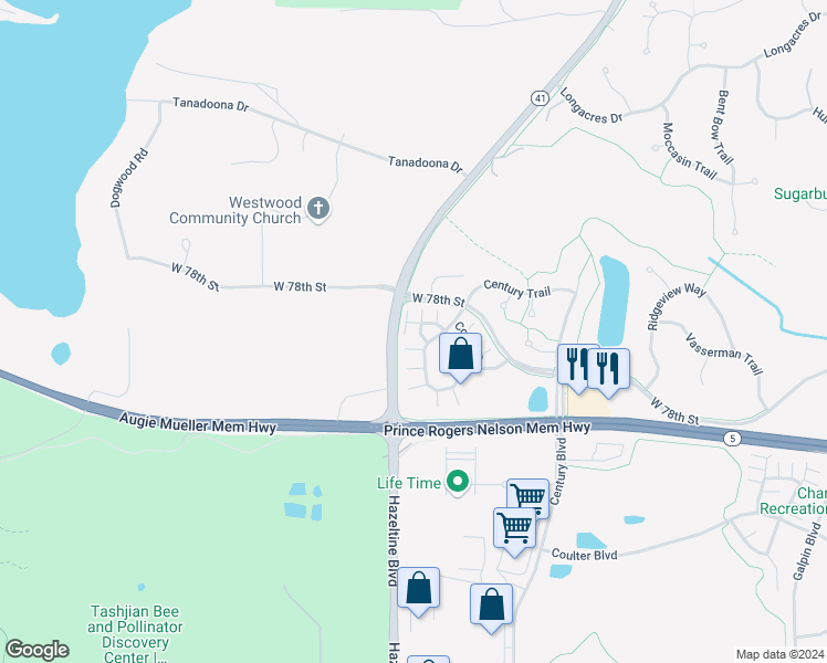 map of restaurants, bars, coffee shops, grocery stores, and more near 7650 Arboretum Village Place in Chanhassen